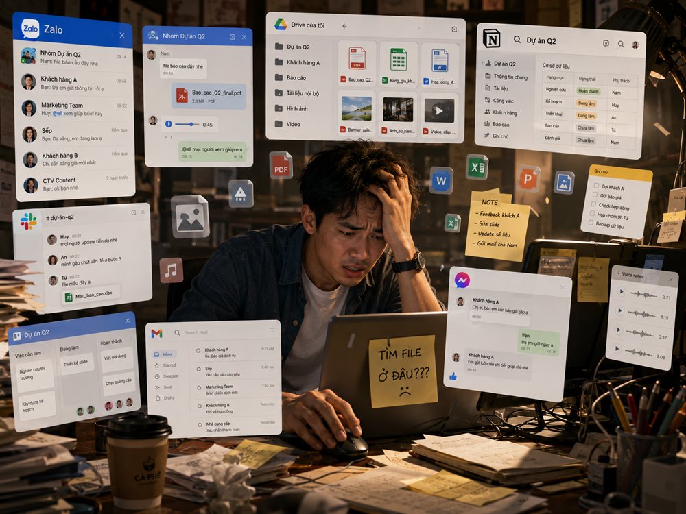 Quá tải thông tin - ghi chú rải rác khắp Zalo, Drive, Notion, Gmail, sticky note, không biết tìm file ở đâu